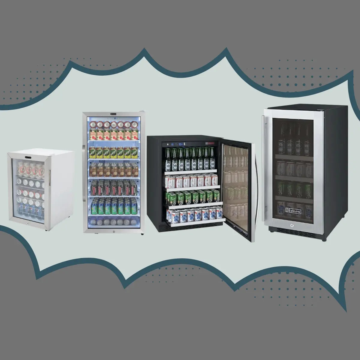 Freestanding beverage centers collection featuring glass-door drink coolers in white, black, and stainless steel finishes with shelves stocked for home and office use.