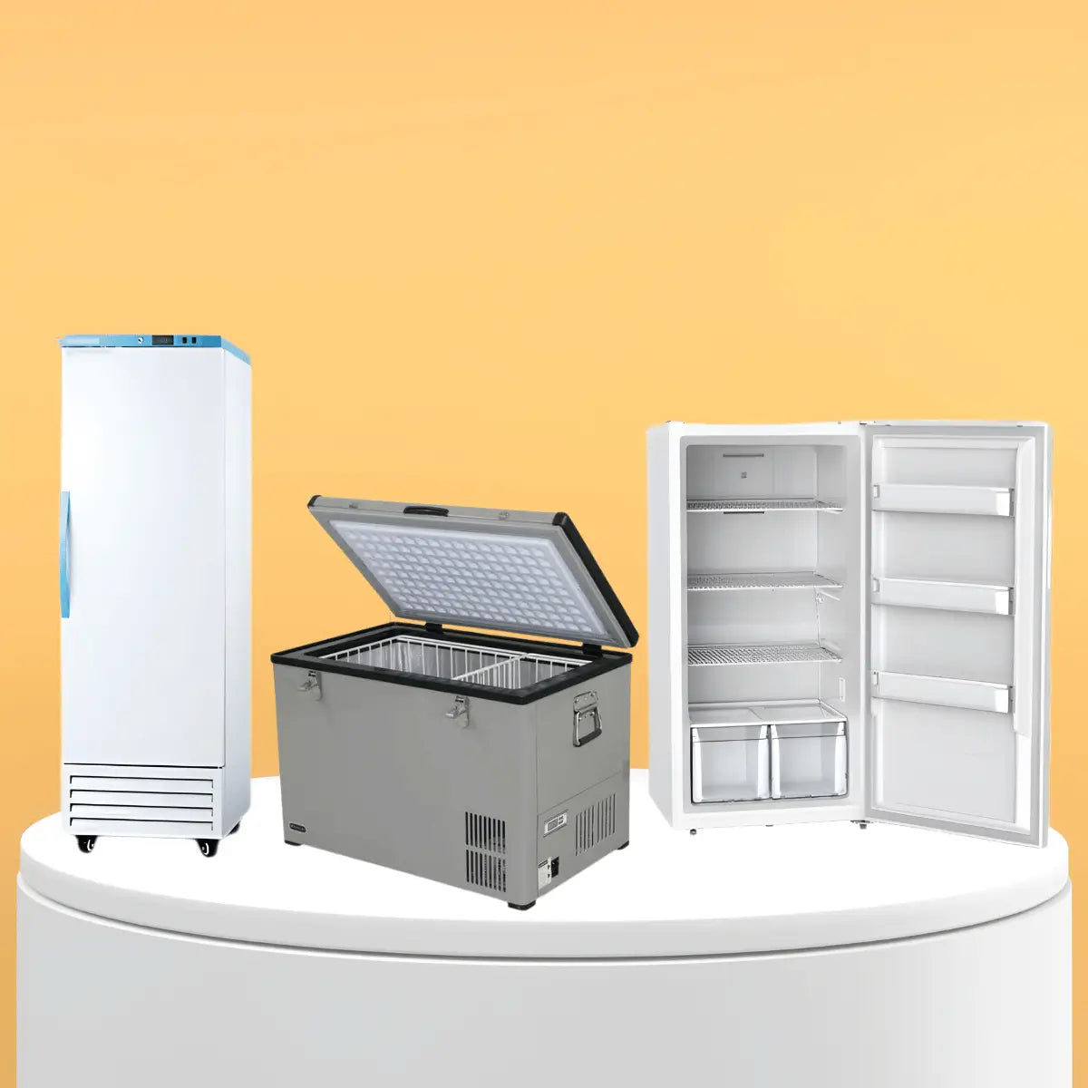 Freestanding freezers collection featuring upright and chest freezers with adjustable shelves, storage baskets, and spacious interior compartments for residential use.