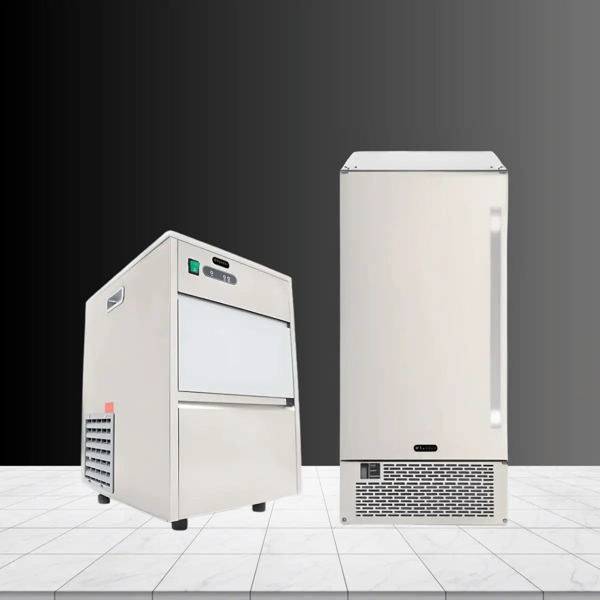 Freestanding ice makers collection featuring compact countertop and upright standalone ice maker machines with front access doors and ventilation grilles.