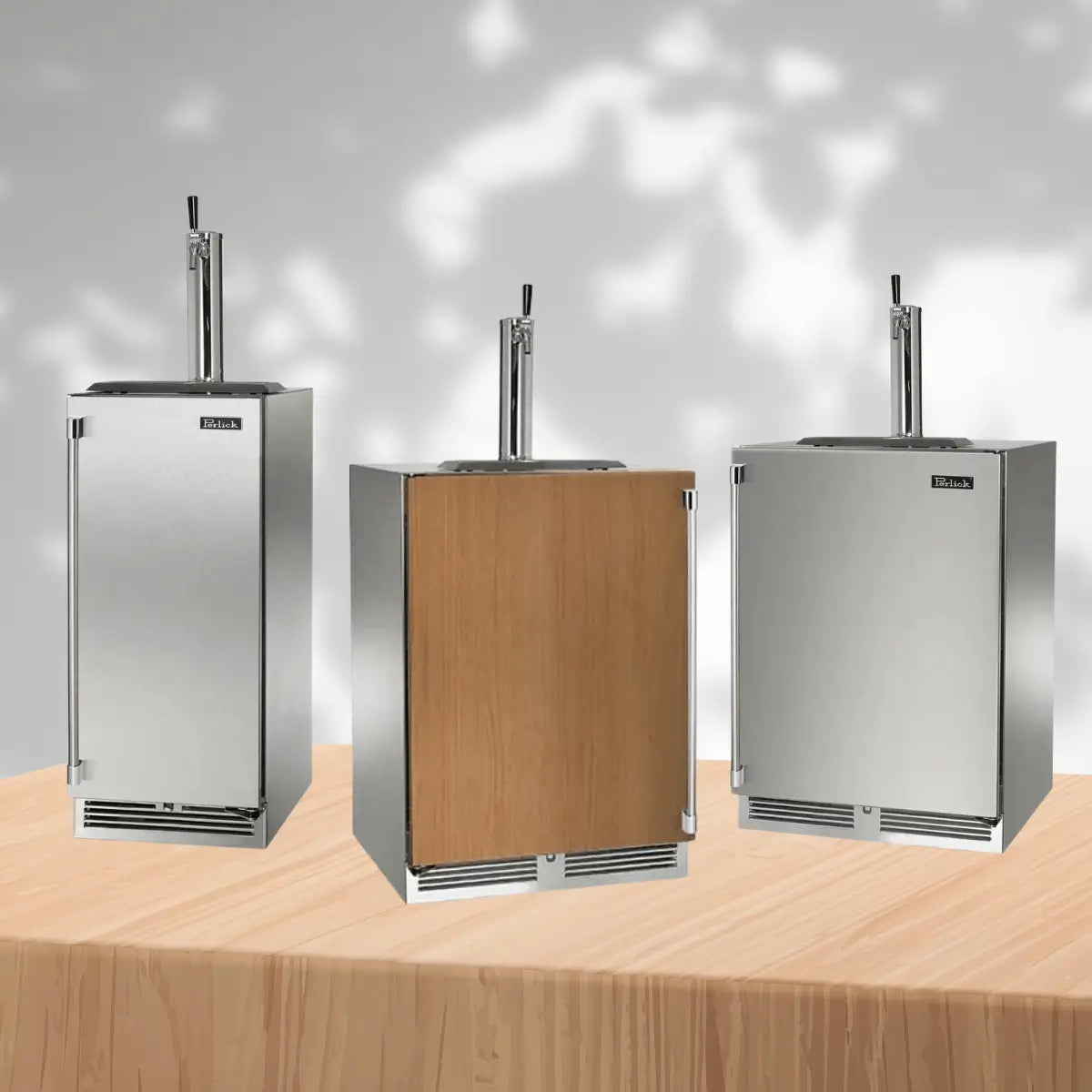 Freestanding kegerators collection featuring stainless steel and wood panel beer dispensers with single tap draft towers for home bars and entertainment spaces