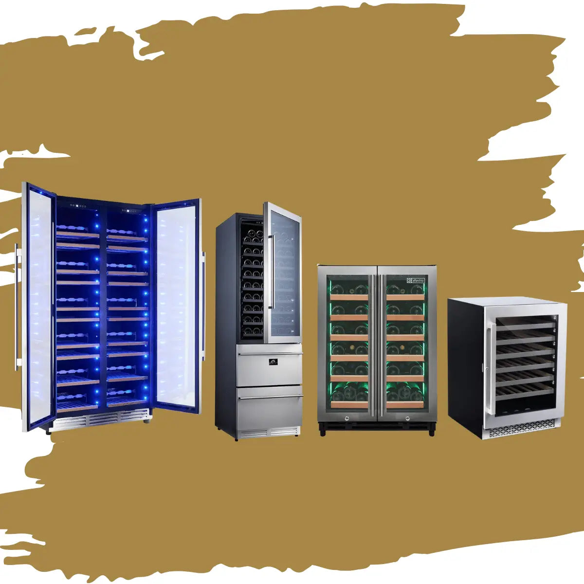 Freestanding wine coolers collection featuring single and double-door wine refrigerators with glass panels, LED lighting, wooden shelves, and standalone designs for home or bar wine storage.