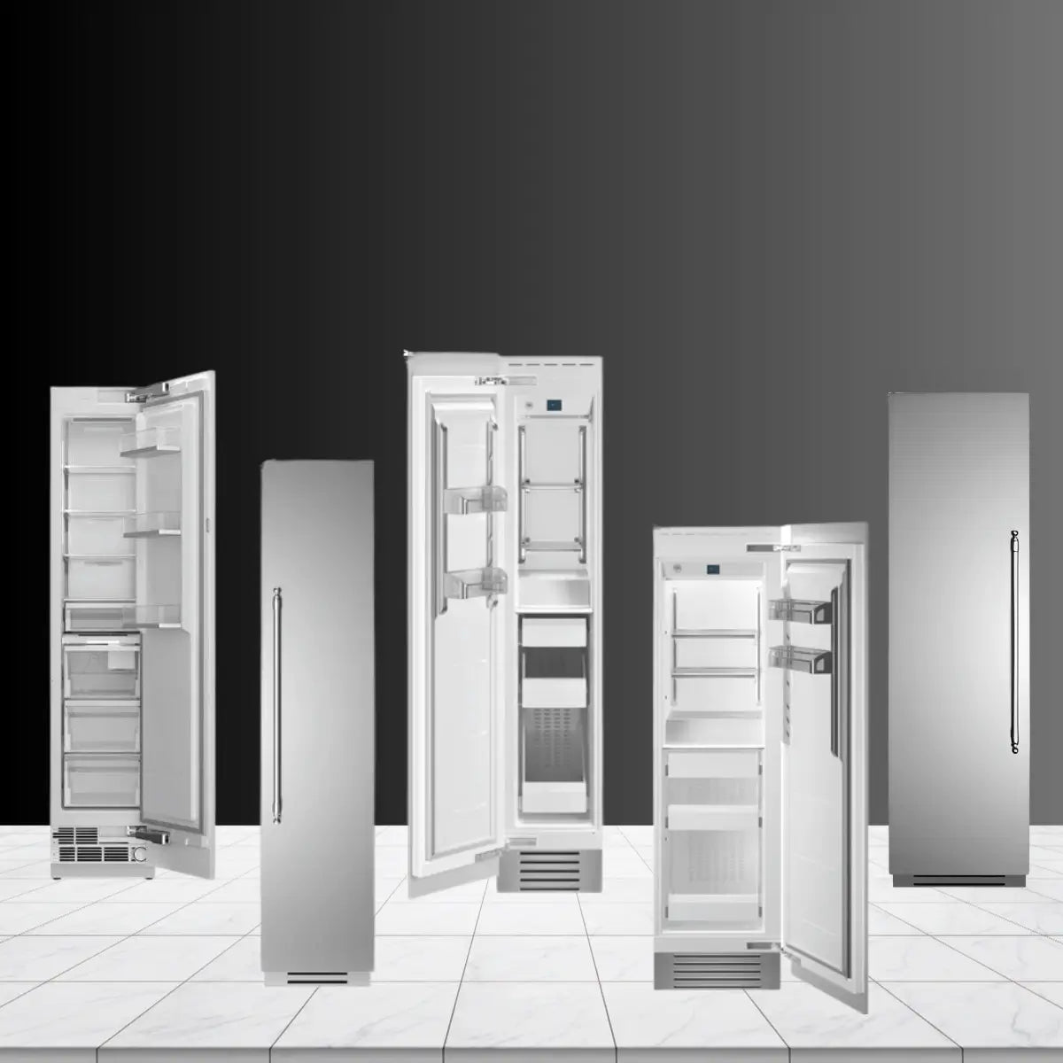 Upright freezer and ice maker collection featuring stainless steel and white built-in freezers with adjustable shelves, door storage bins, pull-out drawers, and integrated ice maker compartments for residential kitchens.