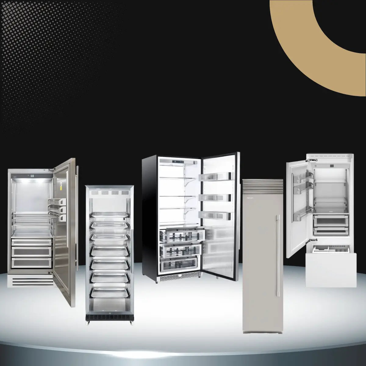 Freezerless refrigerators collection featuring tall single-door refrigerators with spacious fresh food storage, adjustable shelves, and modern stainless steel designs