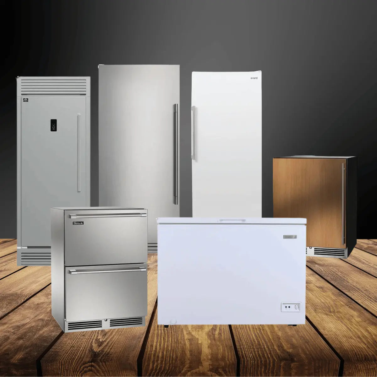 Freezers collection featuring upright, chest, and undercounter freezers in stainless steel and white finishes, displayed on a wooden surface with a modern dark background.