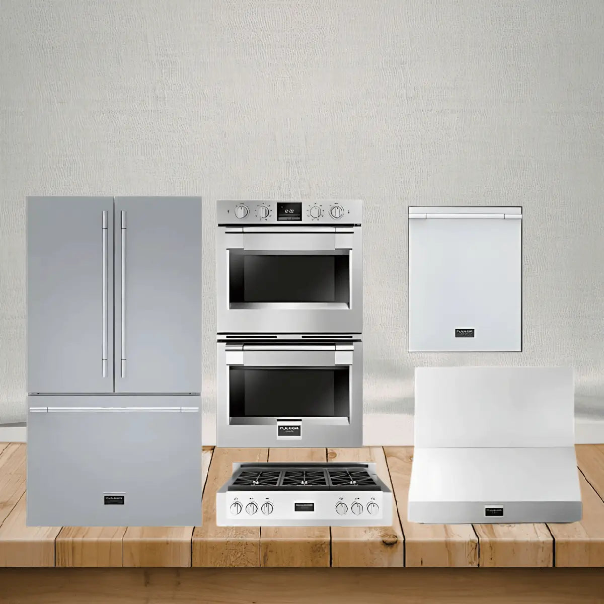 Fulgor Milano appliance packages collection featuring refrigerator, double wall oven, gas rangetop, dishwasher, and range hood in stainless steel for modern kitchens