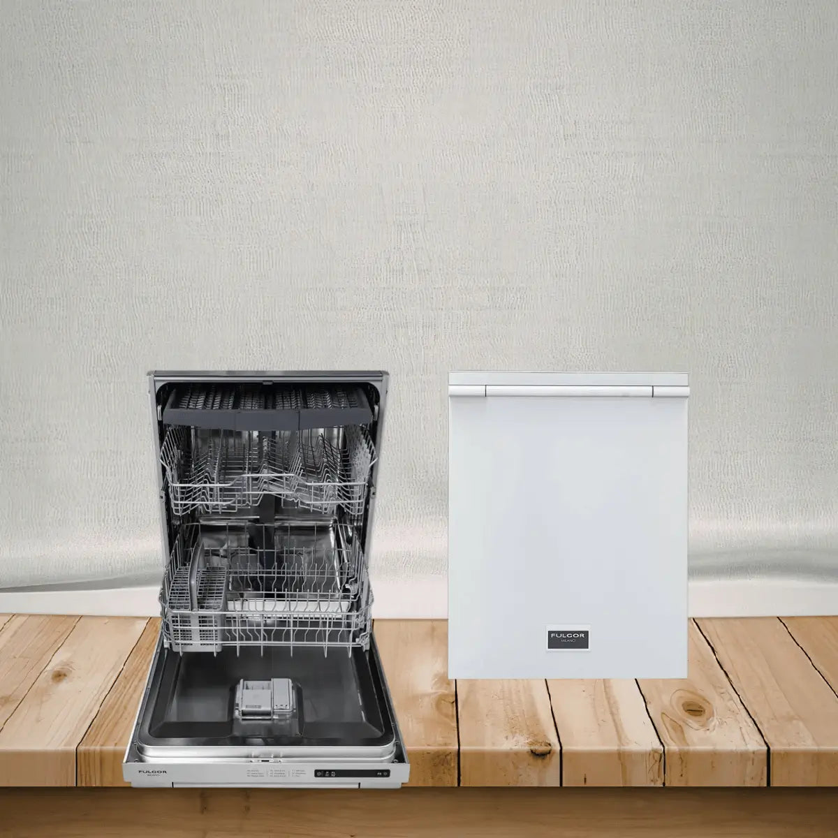 Fulgor Milano dishwashers collection featuring built-in dishwashers with spacious racks and modern white panel design for contemporary kitchens