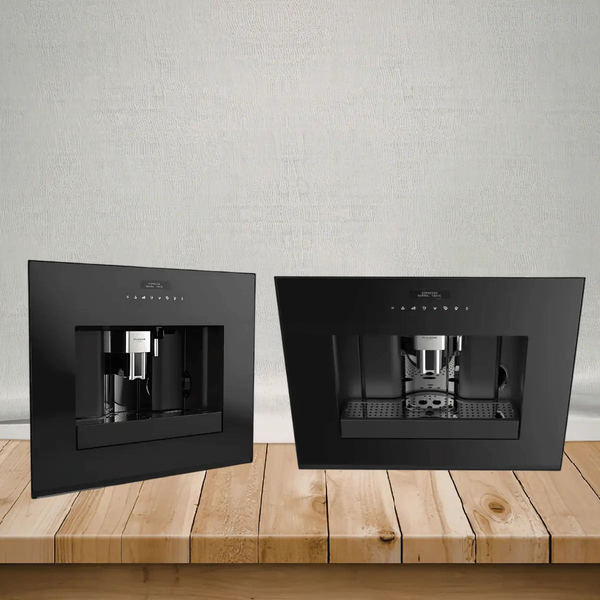 Fulgor Milano kegerators collection featuring built-in beverage dispensing units with black glass panels and stainless steel taps for modern home bars