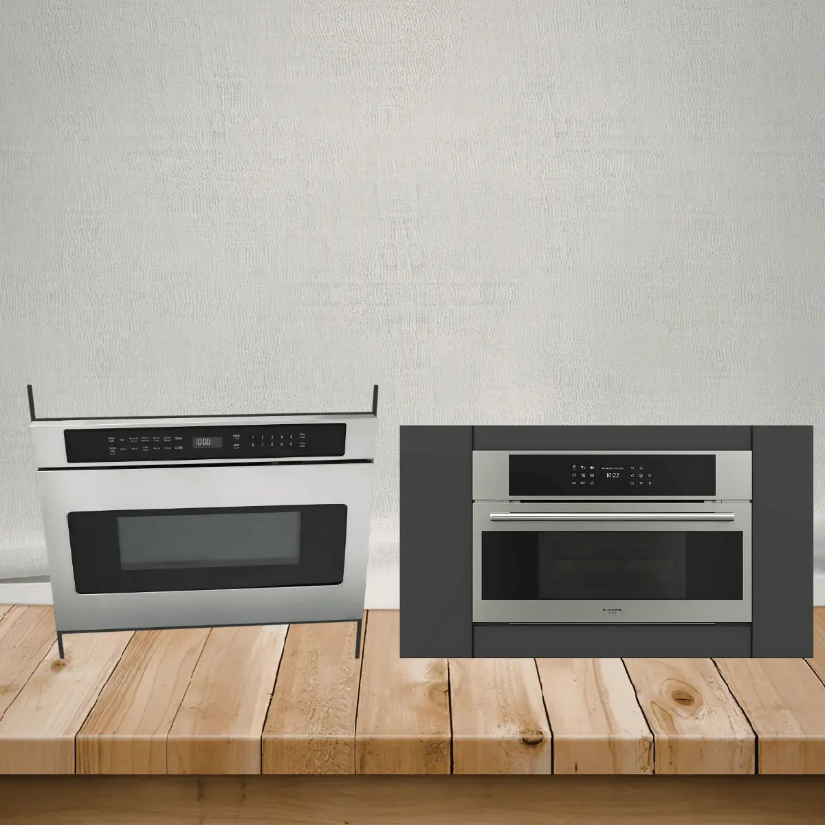 Fulgor Milano microwaves collection featuring stainless steel built-in and countertop microwave ovens with digital controls for modern kitchens