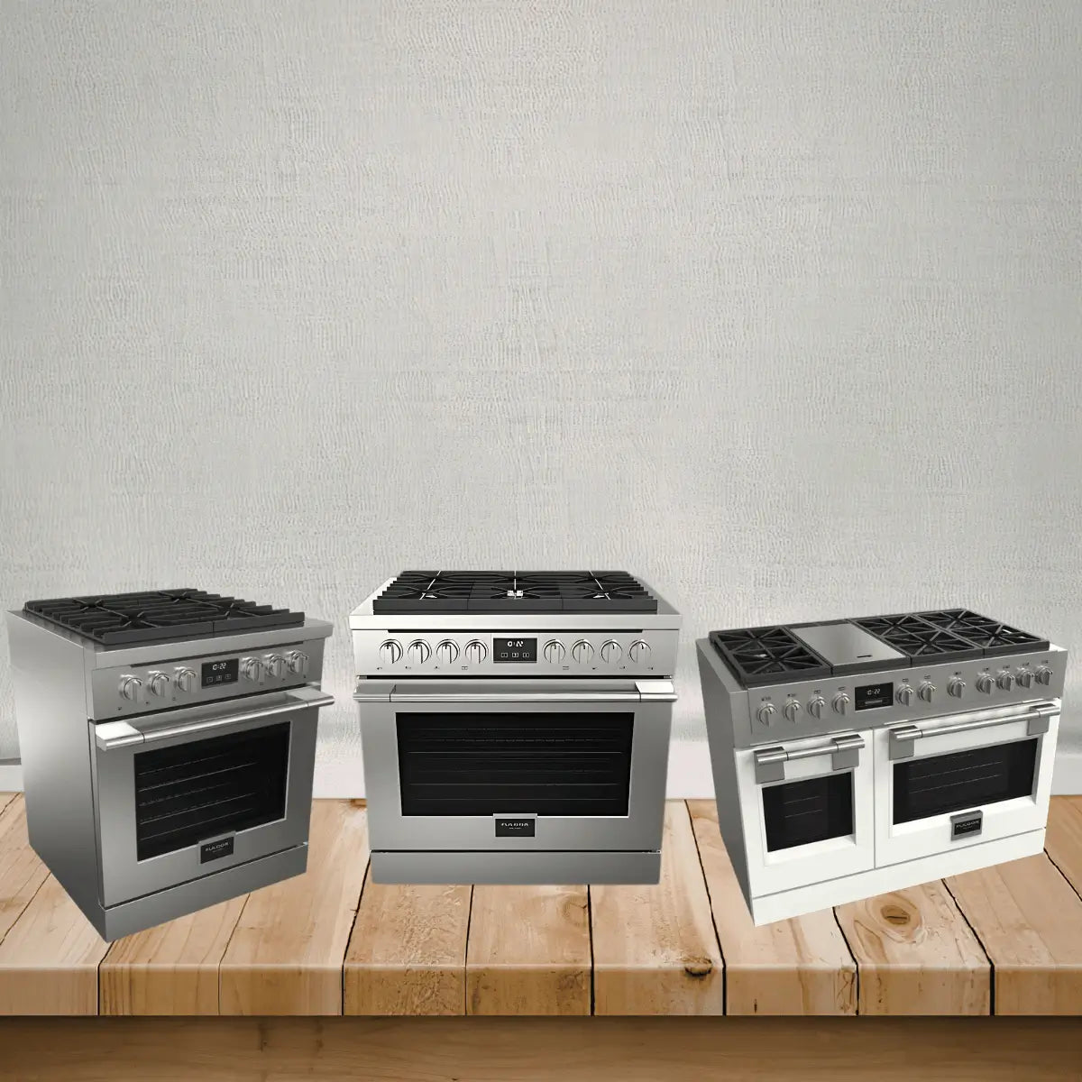Fulgor Milano ranges collection featuring stainless steel professional-style kitchen ranges with gas cooktops and built-in ovens for modern kitchens