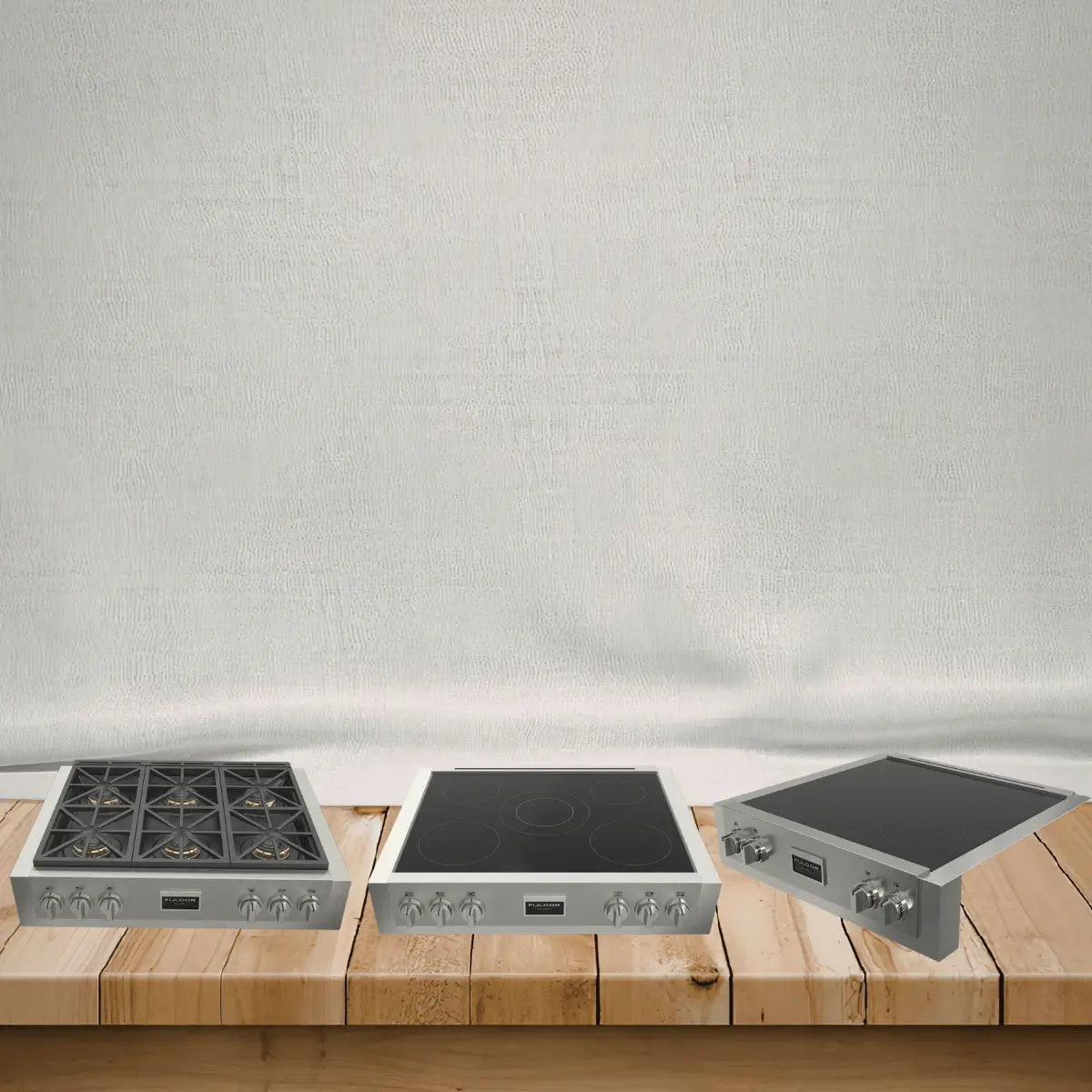 Fulgor Milano rangetops collection featuring professional gas and electric rangetops with stainless steel controls for modern kitchens