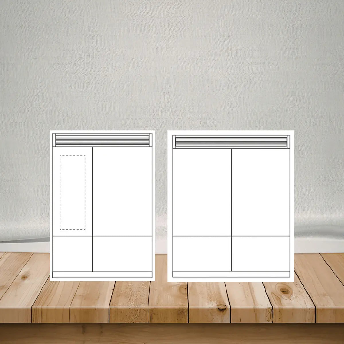 Fulgor Milano refrigerator accessories collection showing panel layout diagrams for built-in refrigerator door configurations and accessory installations
