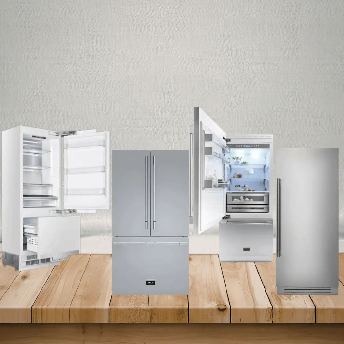 Fulgor Milano refrigerators collection featuring built-in column refrigerators, French door refrigerator with bottom freezer, and stainless steel refrigerator designs for modern kitchens
