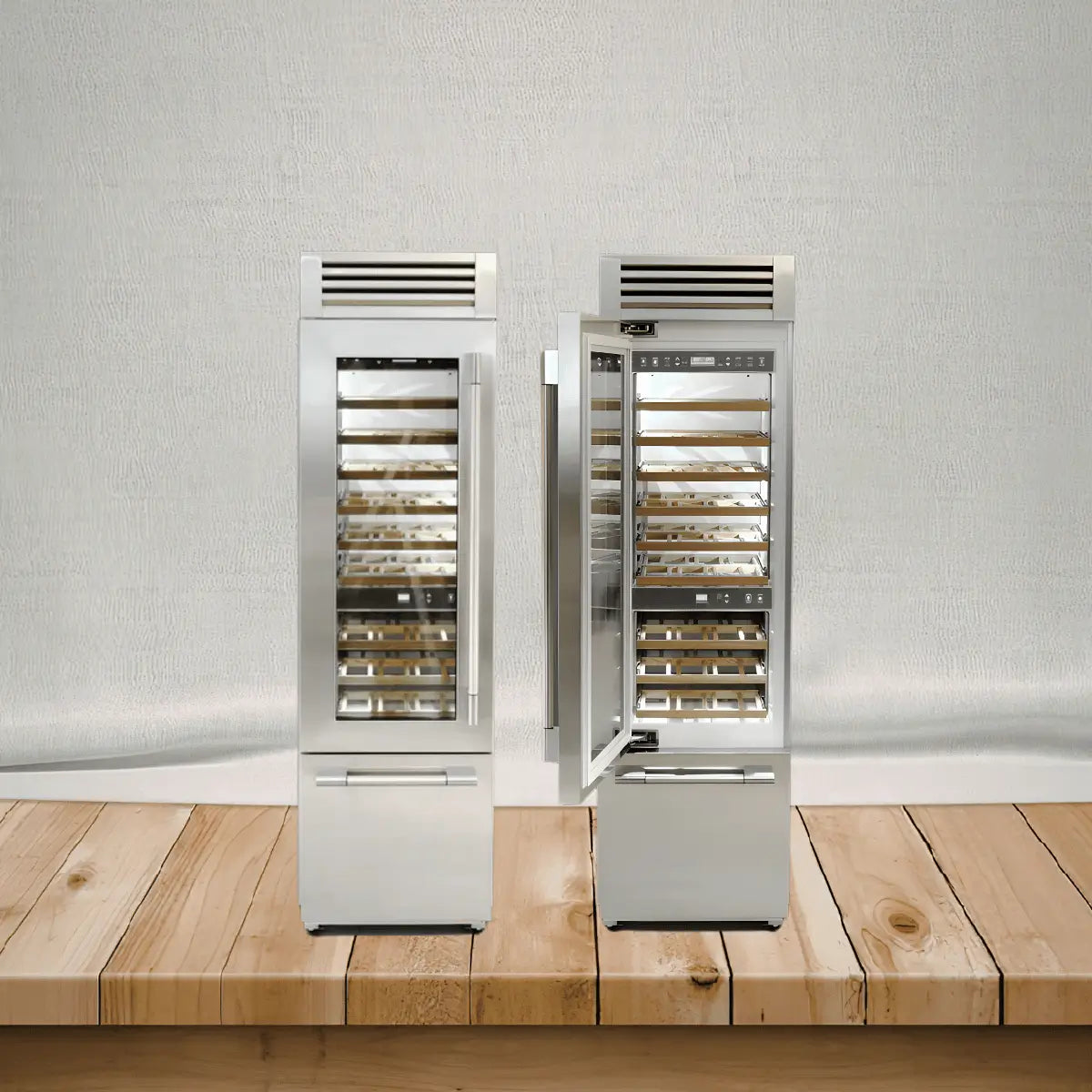 Fulgor Milano wine coolers collection featuring stainless steel wine refrigerators with glass doors and wooden racks for premium wine storage