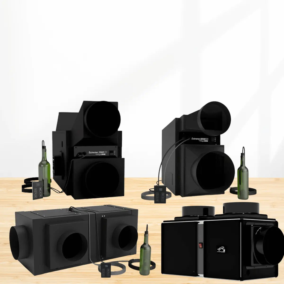 Fully ducted self-contained wine cellar cooling systems collection featuring high-capacity ducted wine cooling units with digital controllers for precise temperature and humidity control.
