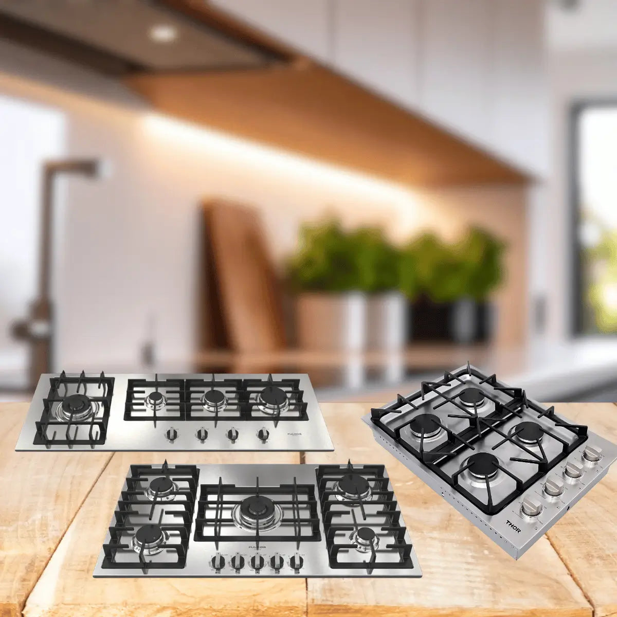 Gas cooktops collection featuring stainless steel gas cooktops with multiple burners, cast iron grates, and front control knobs for modern kitchens