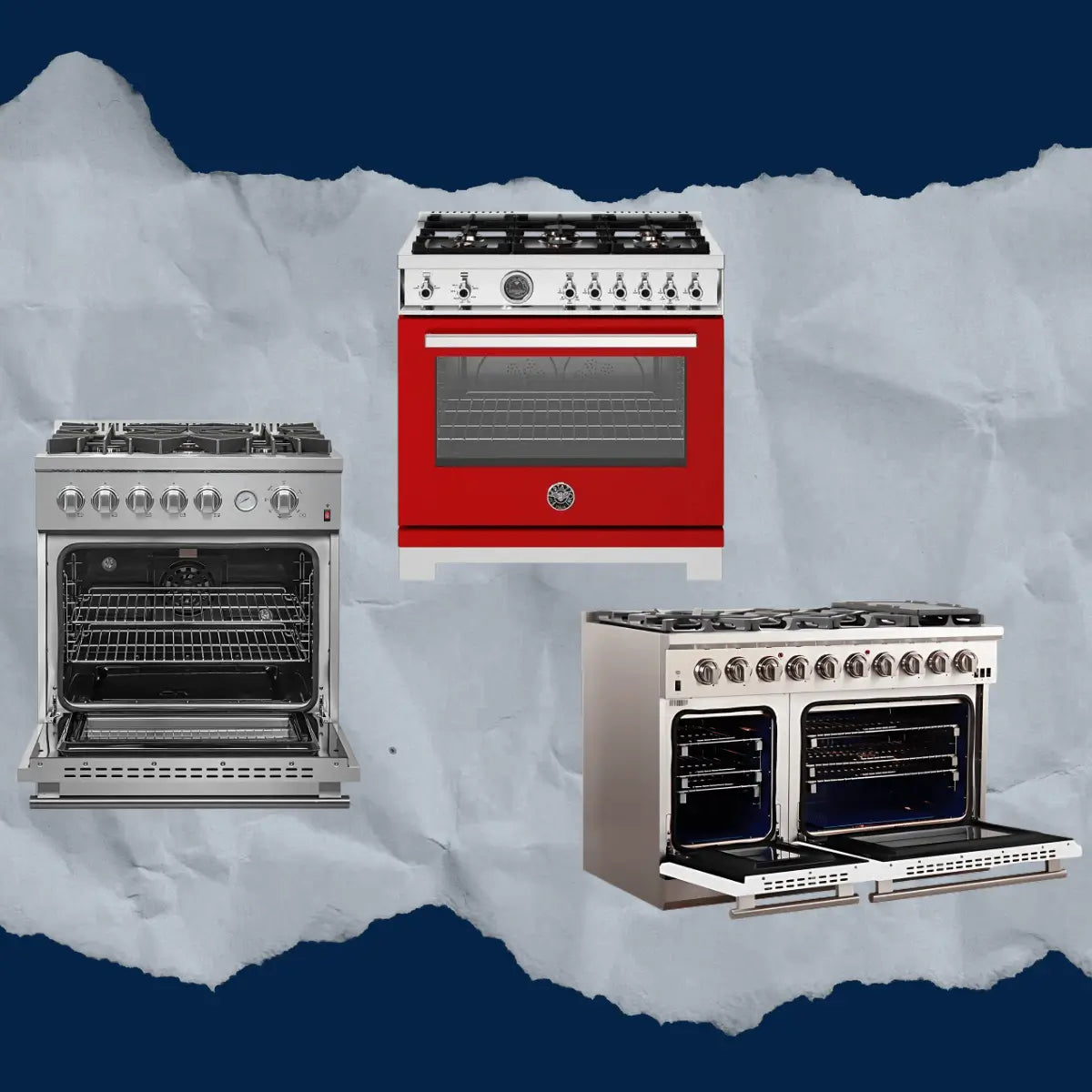 Gas ranges collection featuring professional-style red and stainless steel kitchen ranges, including single and double oven gas models with multiple burners and open oven interiors.