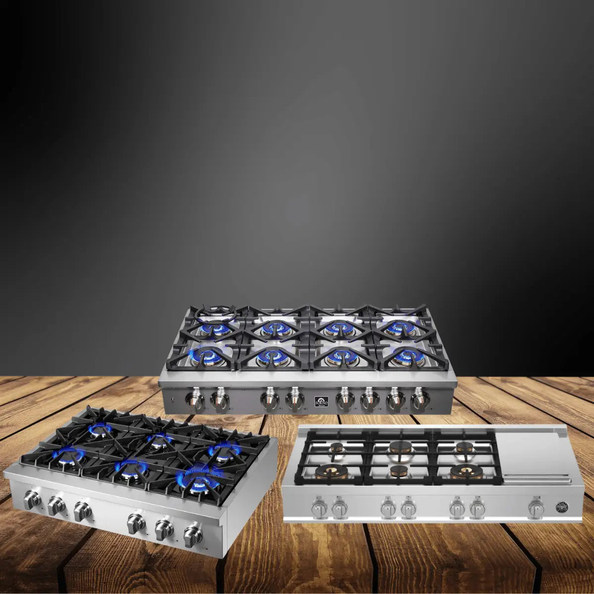 Gas rangetops collection featuring stainless steel cooktops with multiple burners, cast iron grates, and blue flames, designed for high-performance cooking and displayed on a wooden countertop.
