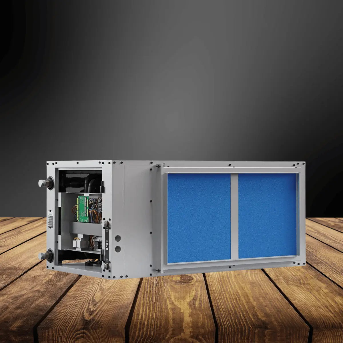 Geothermal heat pumps collection featuring an open unit with visible internal components, wiring, and blue air filtration panels for energy-efficient HVAC systems.