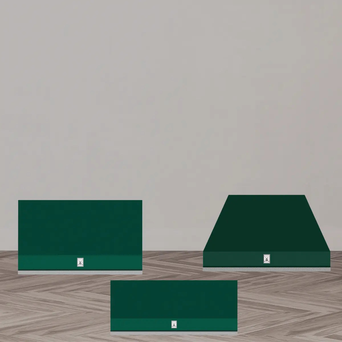 Green range hoods collection featuring matte green box-style, tapered canopy, and low-profile kitchen ventilation hoods with modern design and bold finish.
