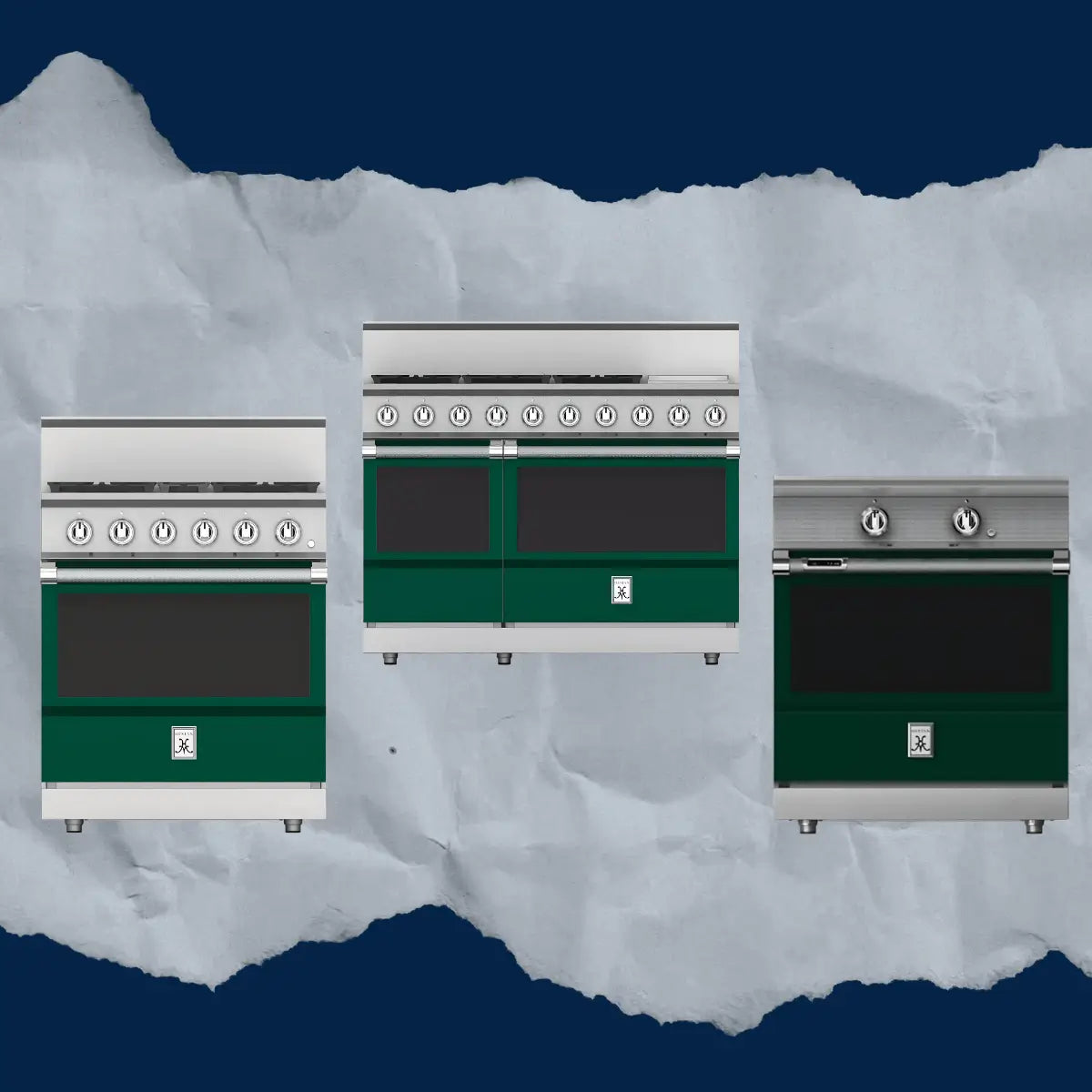 Green ranges collection featuring freestanding green kitchen ranges with stainless steel trim, gas cooktops, and single and double oven configurations for bold, modern kitchens.
