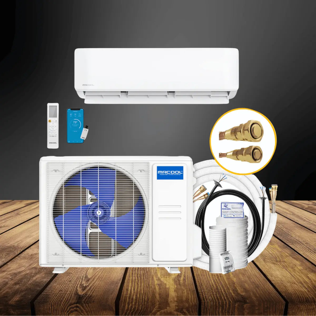 HVAC systems collection with wall-mounted air handler, outdoor condenser unit, smart controls, line sets, and installation components for complete home heating and cooling solutions.