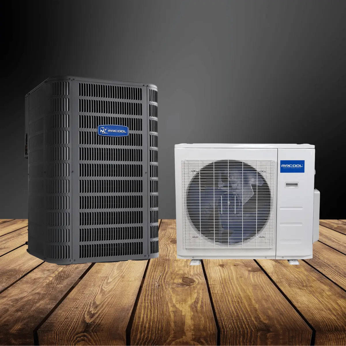 Heat pump condensers collection featuring large outdoor condenser unit and compact fan-based heat pump condenser for efficient residential heating and cooling systems.