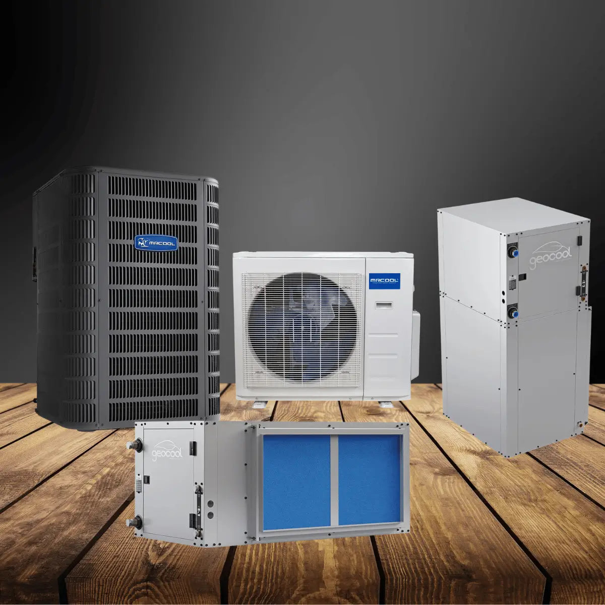 Heat pump systems collection featuring outdoor condensers, indoor air handler, and geothermal heat pump units for complete energy-efficient residential heating and cooling solutions.