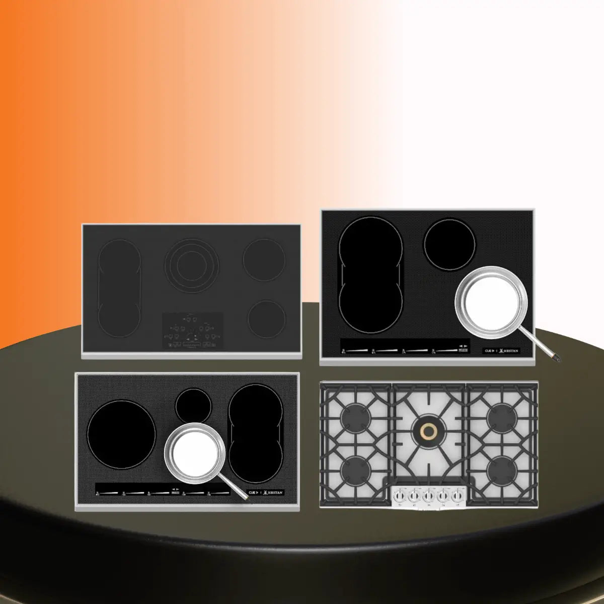 Hestan cooktops collection featuring induction, electric glass cooktops, and a professional gas cooktop displayed on a dark platform