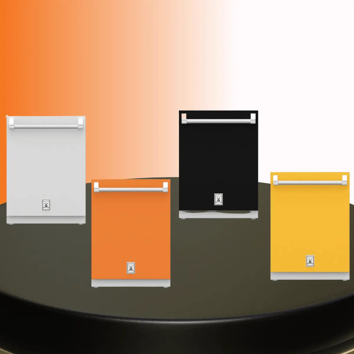 Hestan dishwashers collection featuring built-in dishwashers in stainless steel, orange, black, and yellow finishes with stainless handles