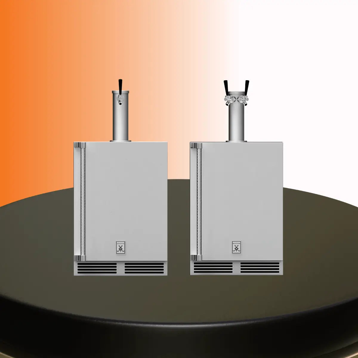 Hestan kegerators collection featuring stainless steel draft beer dispensers with single and dual tap towers for home bar or outdoor kitchen use