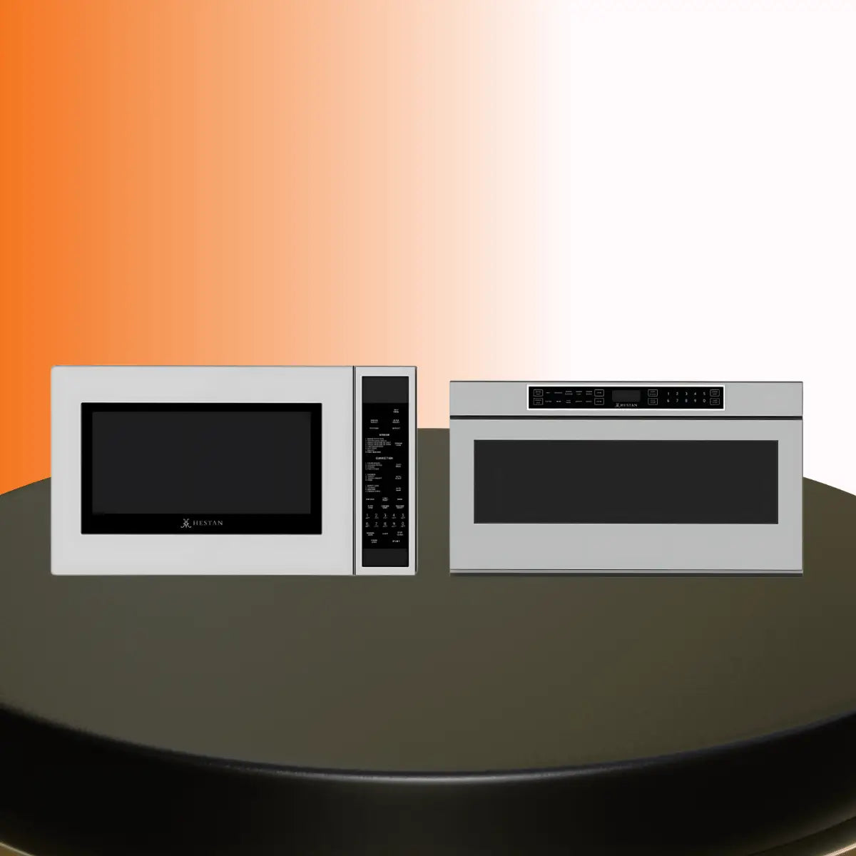 Hestan microwaves collection featuring stainless steel built-in microwave oven and microwave drawer appliance with digital control panels