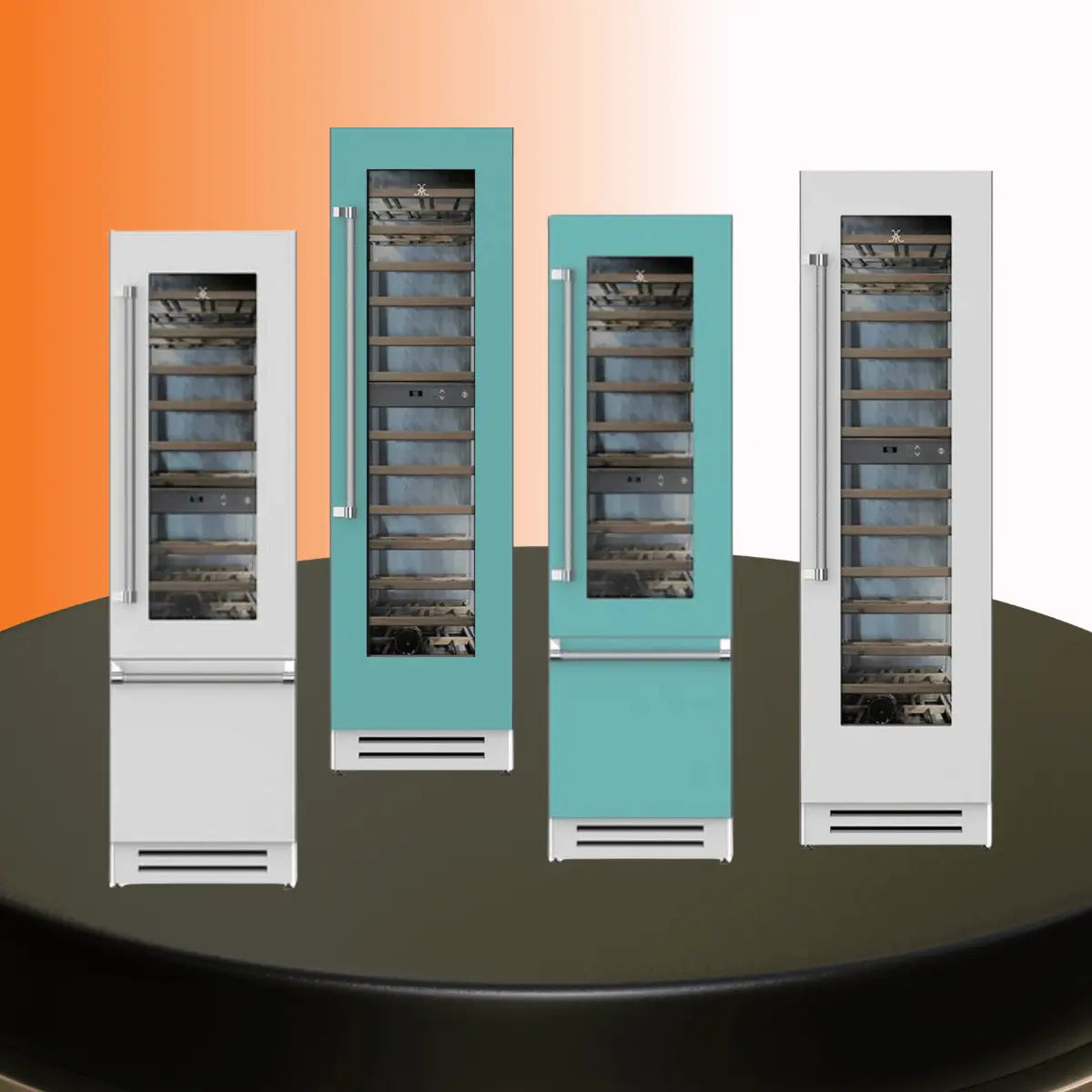 Hestan wine coolers collection featuring stainless steel and teal glass-door wine refrigerators with wooden racks for wine bottle storage