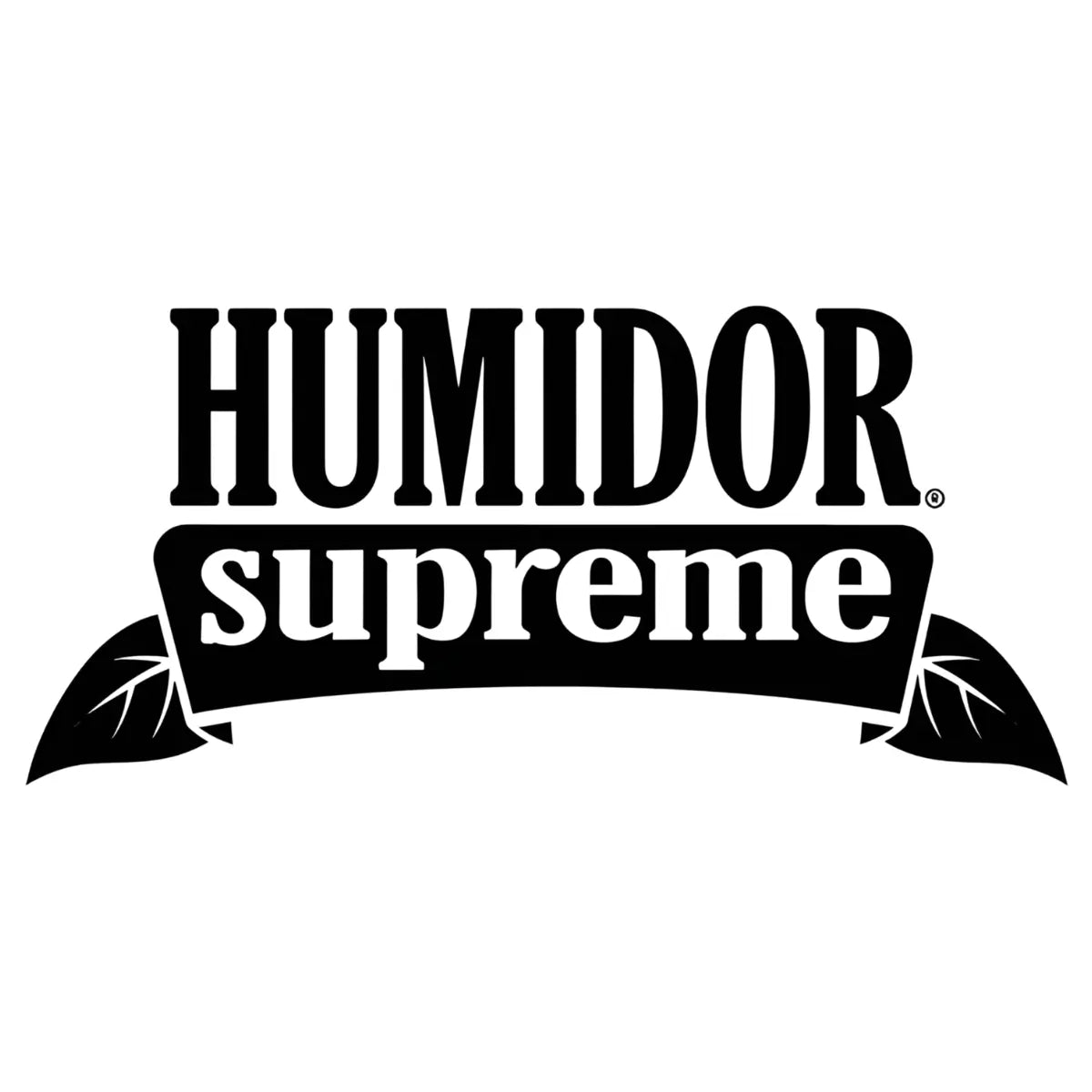 Humidor Supreme logo with bold black HUMIDOR text above a black banner reading Supreme, flanked by leaf graphics on a light gray background.