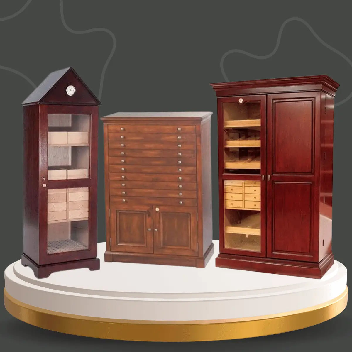Humidor Supreme cigar humidor cabinets collection featuring large wooden cabinet humidors with drawers, glass doors, and cedar-lined cigar storage compartments