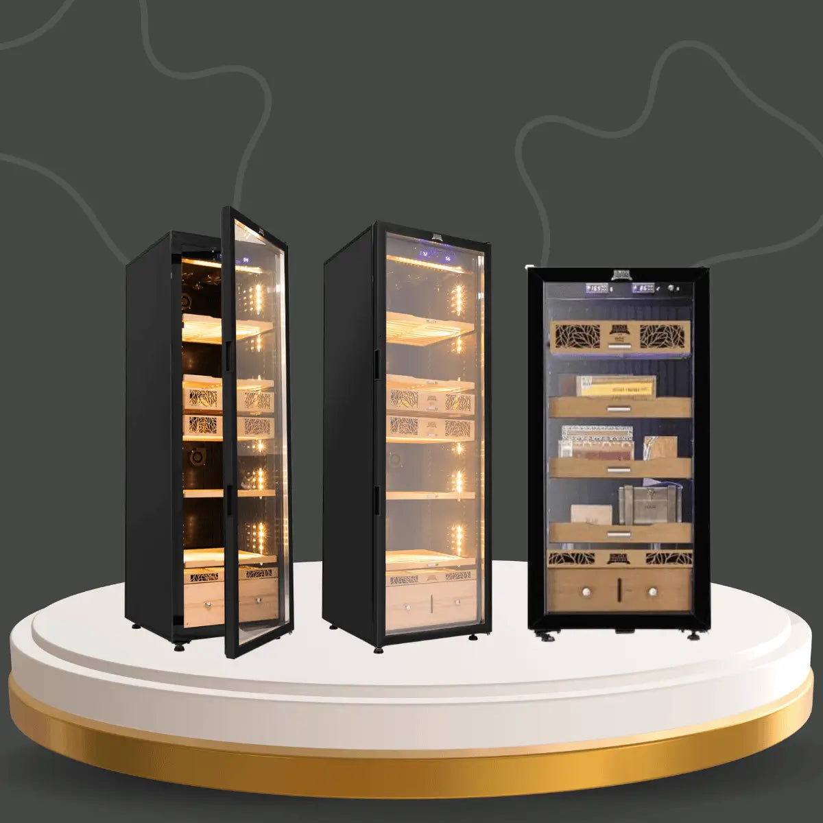 Humidor Supreme cigar humidor coolers collection featuring glass-door temperature-controlled cigar cabinets with cedar shelves and LED lighting