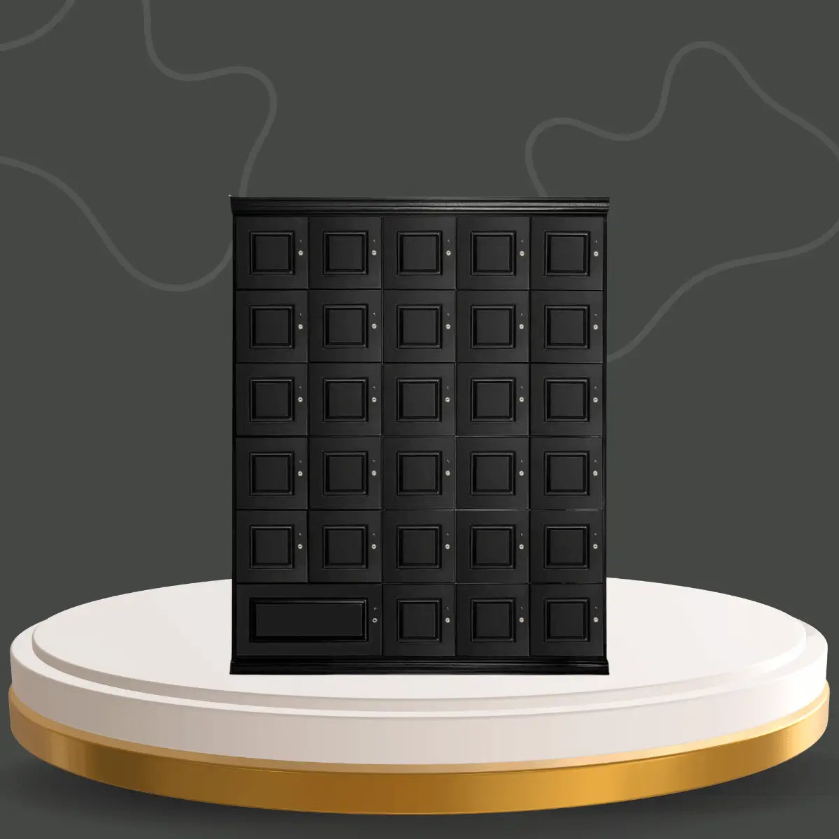 Humidor Supreme cigar humidor locker cabinet featuring multiple individual cigar storage lockers in a black wood cabinet design