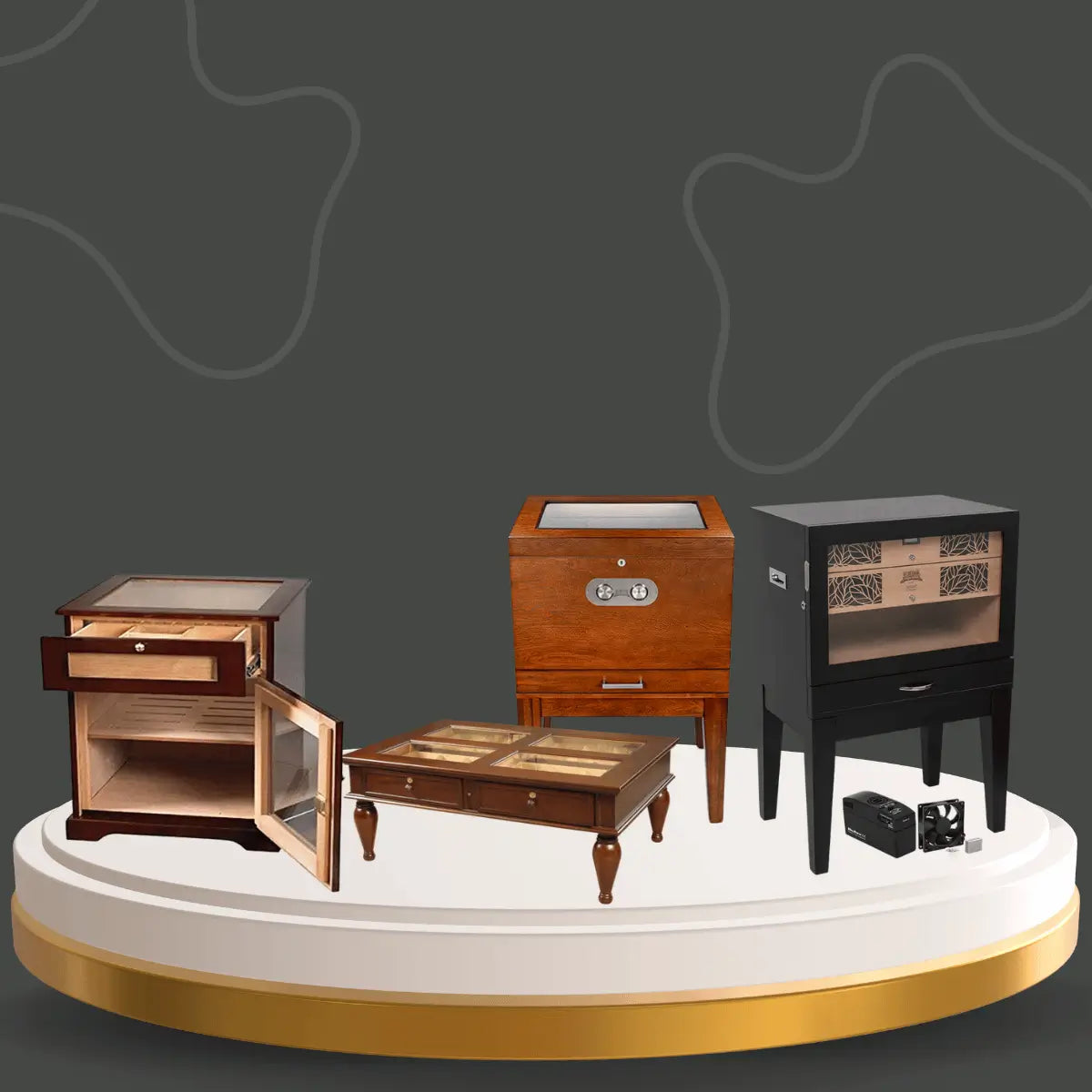 Humidor Supreme cigar humidor tables collection featuring wooden furniture-style humidors with glass tops, drawers, and cedar-lined cigar storage compartments