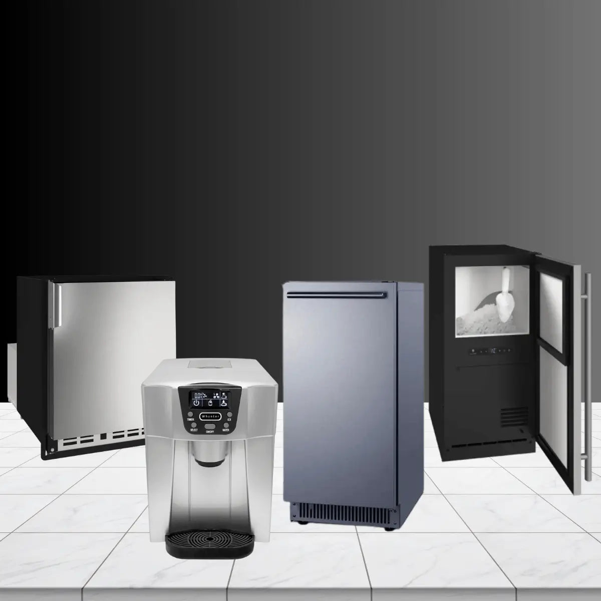 Ice makers collection featuring countertop and undercounter ice machines with digital controls, stainless steel finishes, and ice storage compartments.