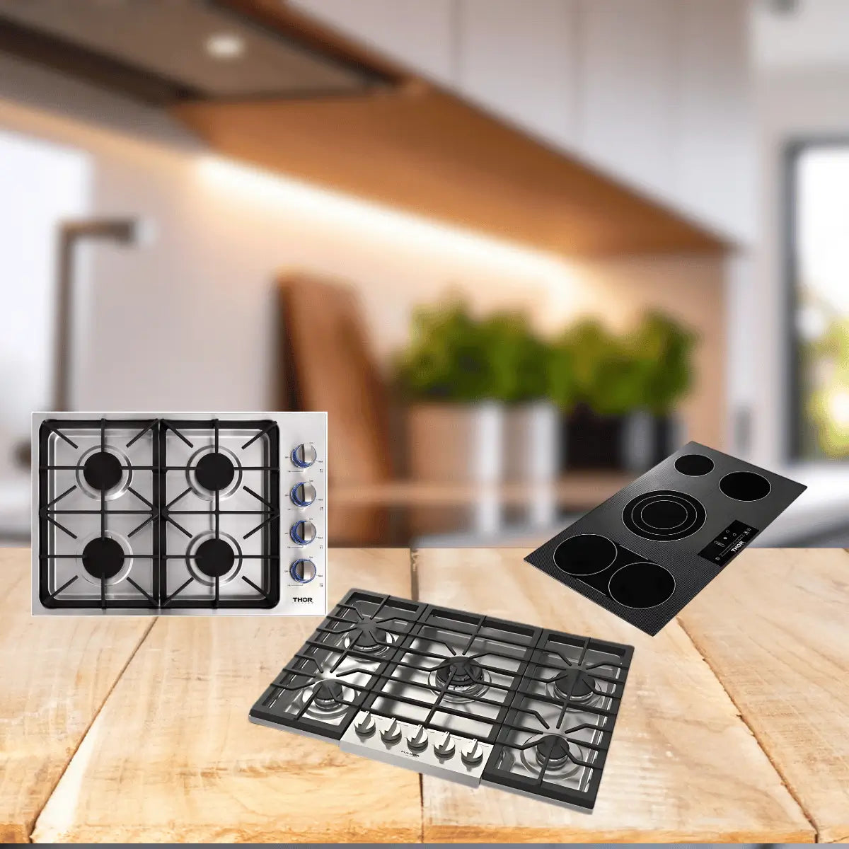 Indoor cooktops collection featuring stainless steel gas cooktops with cast iron grates and sleek black glass electric cooktops for modern kitchens
