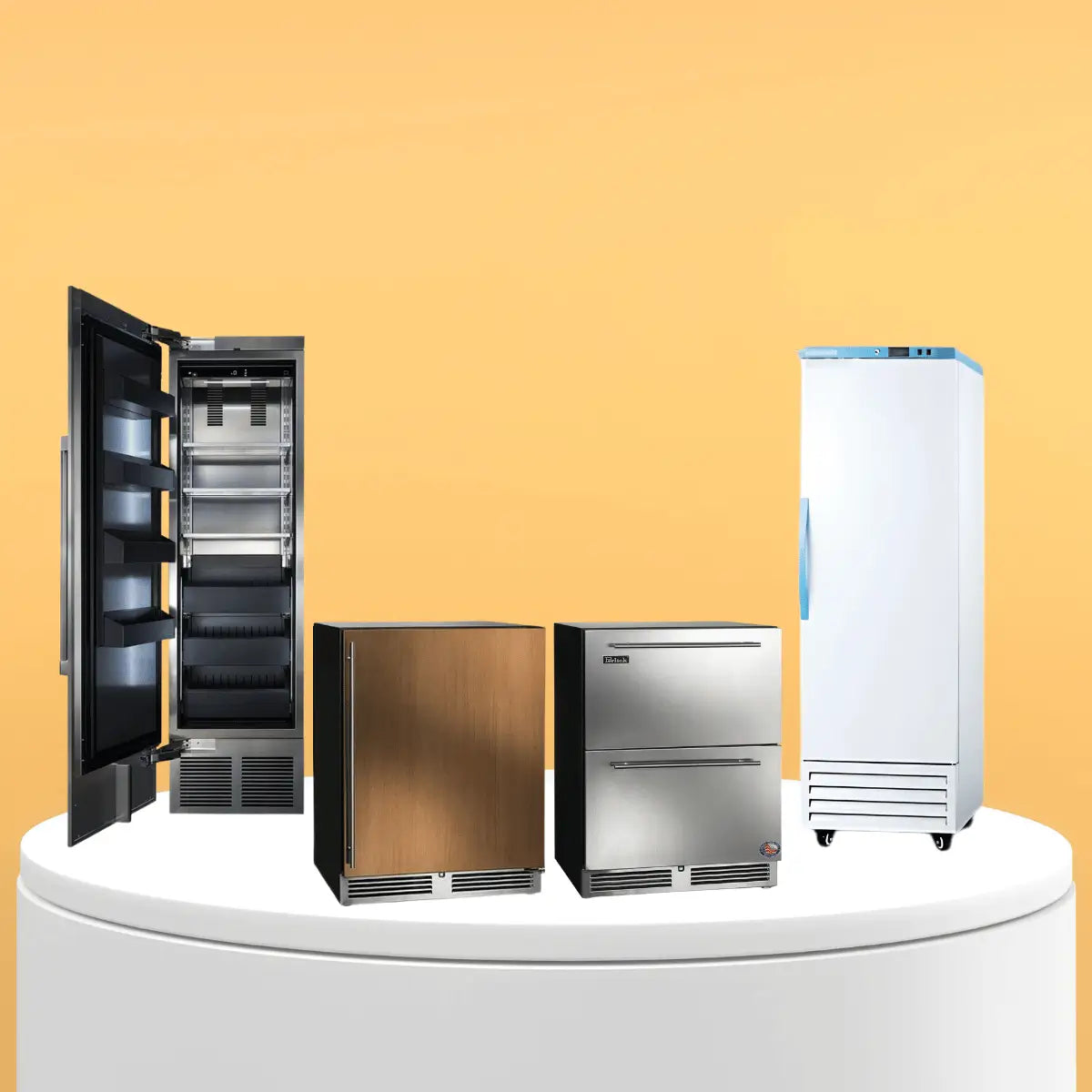Indoor freezer collection featuring modern stainless steel built-in appliances with digital controls and sleek contemporary design for residential kitchens.