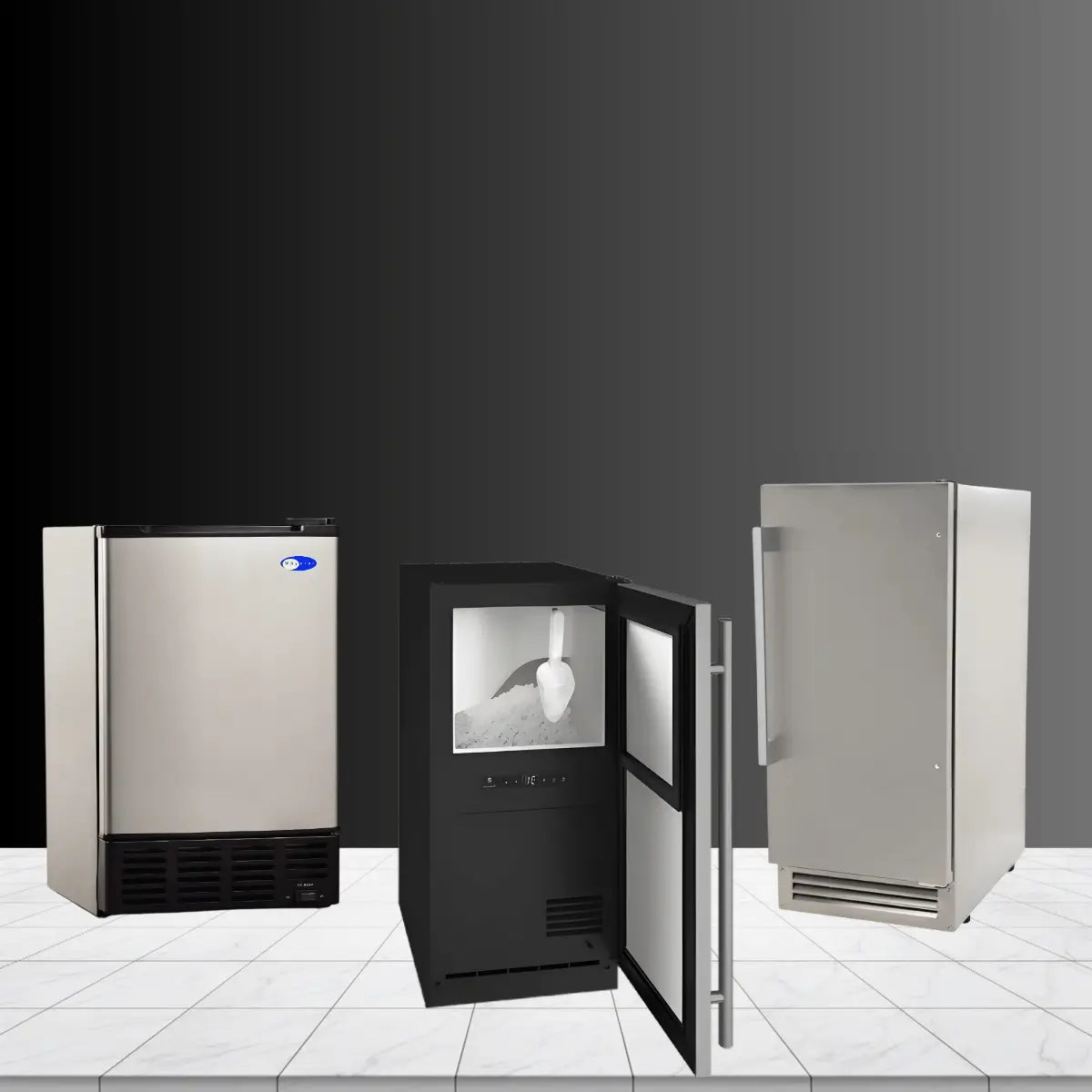 Indoor ice makers collection featuring stainless steel and black freestanding ice machines with storage bins, digital controls, and front ventilation for home use.