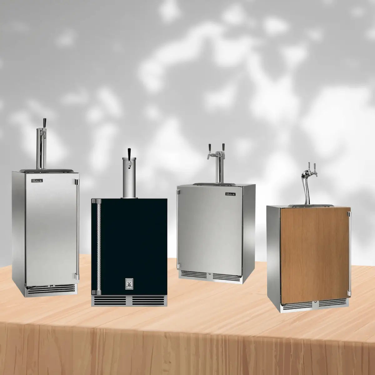Indoor kegerators collection featuring stainless steel and wood panel draft beer dispensers with tap towers for home bars and indoor entertainment spaces
