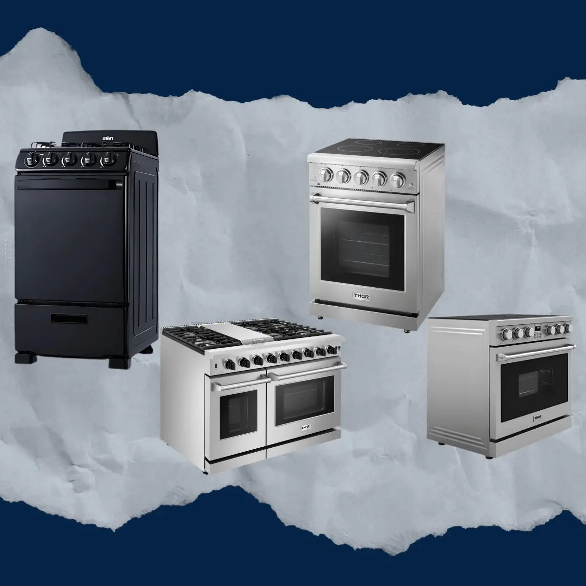 Indoor ranges collection featuring black and stainless steel freestanding gas and electric kitchen ranges, including single and double oven models for modern home cooking.