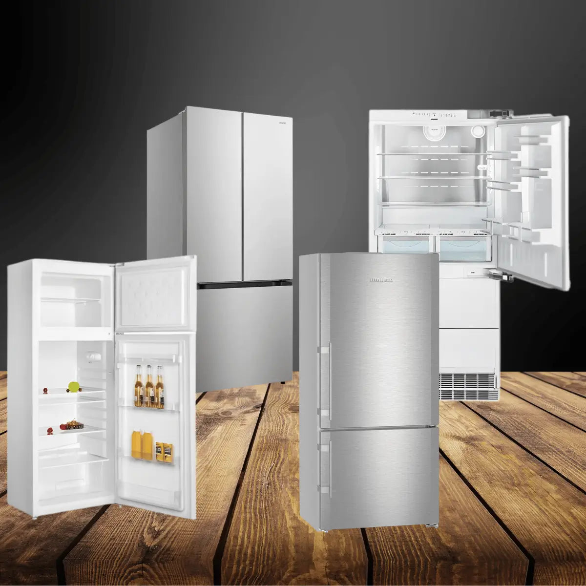 Indoor refrigerators collection featuring compact, French door, and bottom freezer refrigerators with open interiors and stainless steel finishes.