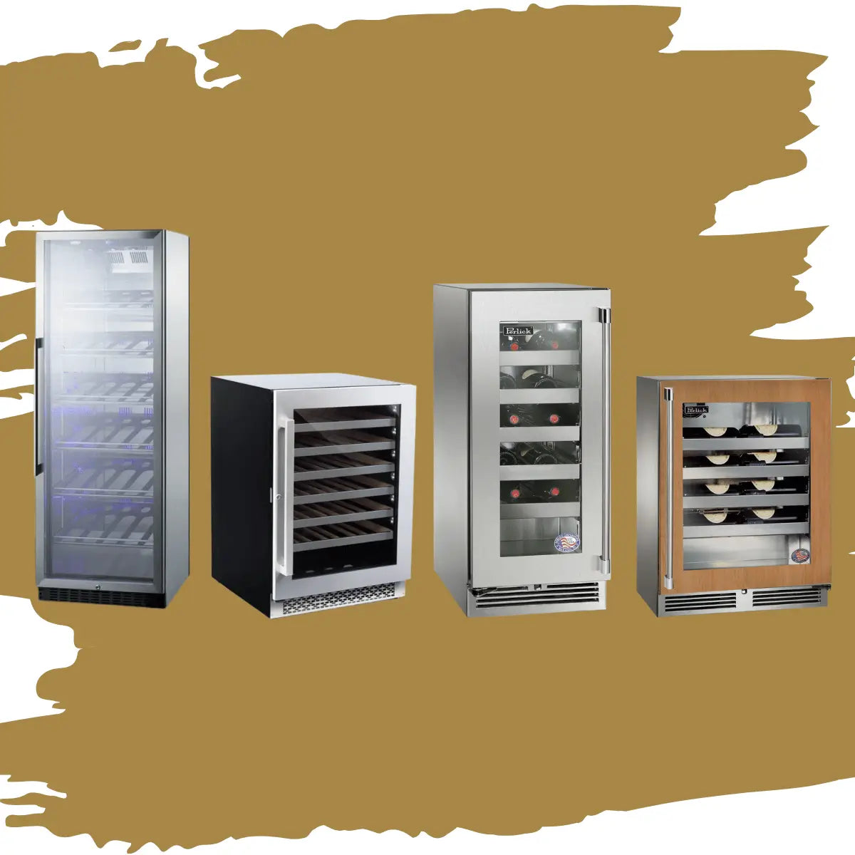 Indoor wine coolers collection featuring stainless steel and wood-panel wine refrigerators with glass and solid doors, adjustable shelves, interior lighting, and built-in or undercounter designs for residential wine storage.