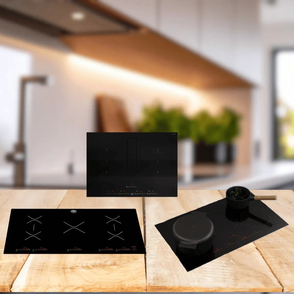 Induction cooktops collection featuring sleek black glass induction cooktops with touch controls and modern cookware for efficient home cooking