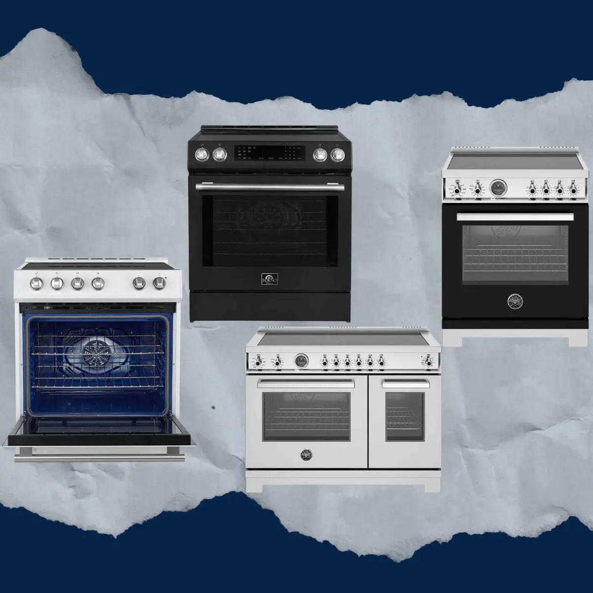 Induction ranges collection featuring black and stainless steel freestanding kitchen ranges with smooth glass induction cooktops, digital controls, and single and double oven configurations.