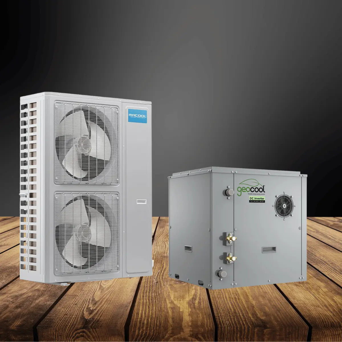 Inverter heat pumps collection featuring outdoor condenser unit with dual fans and compact geothermal heat pump system for energy-efficient heating and cooling.
