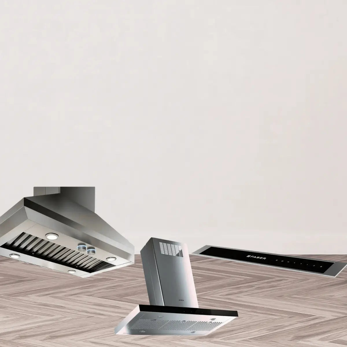 Island range hoods collection featuring stainless steel and glass ceiling-mounted kitchen ventilation hoods with baffle filters, LED lighting, and modern slim designs for island cooktops.