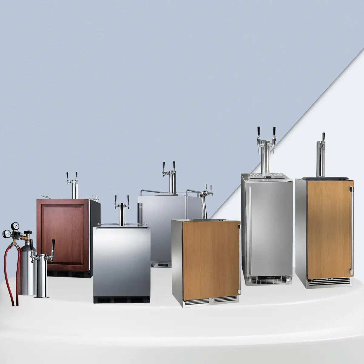 Kegerators collection featuring stainless steel and wood panel beer dispensers with tap towers and CO2 tank setup on display